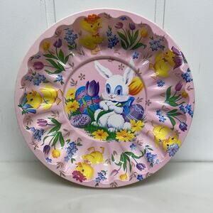 Vintage Pink Easter Scalloped Plastic Bowl Kitschy Bunny Tulips Daisies Tray